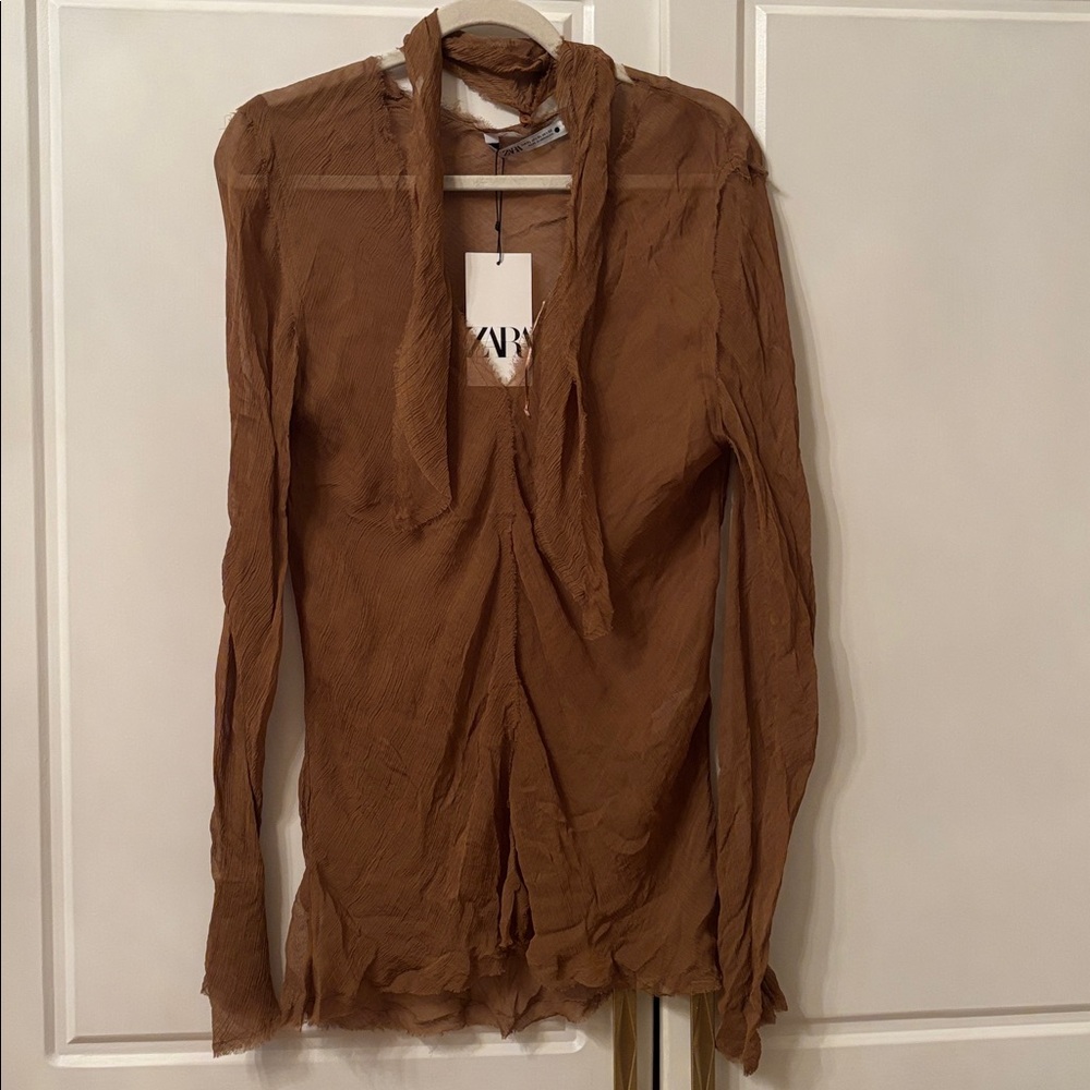 Zara crinkled chiffon sheer v-neck brown blouse with neck tie detail sz.XS